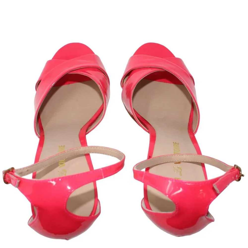 Pour LA Victoire Kalinda Pink Patent Leather Open Toe Ankle Strap Stiletto Heels - Picture 7 of 12